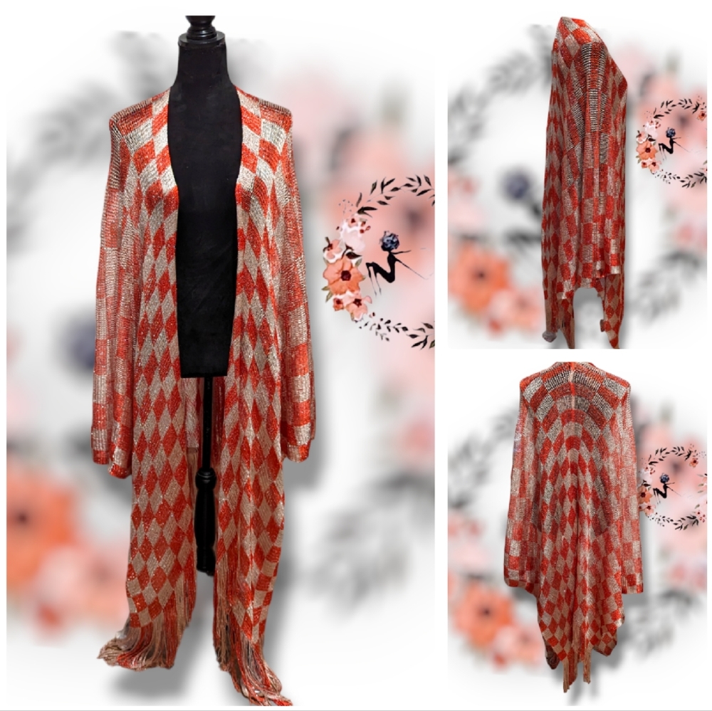 Rust & Gold Checker Print Mesh Knit Kimono XL to 3X
